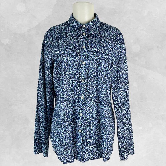 Talbots Ink Blue Purple Green Floral Print Long Sleeve Blouse - Women's 14 - Picture 2 of 11